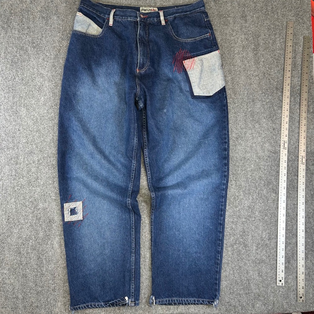 Platinum FUBU Baggy Denim Jeans Blue Patchwork Embroidered Mens 40x32.5 Vintage